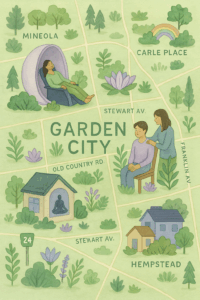 Colorful illustration of a map of Garden City, NY