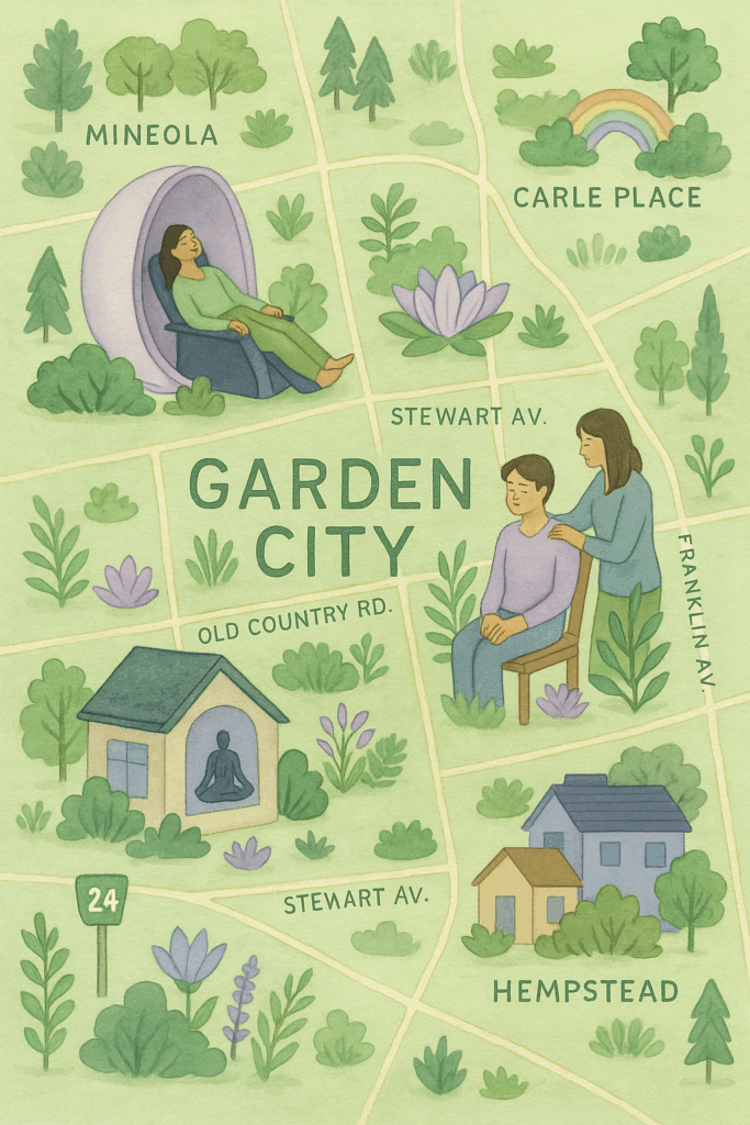 Colorful illustration of a map of Garden City, NY