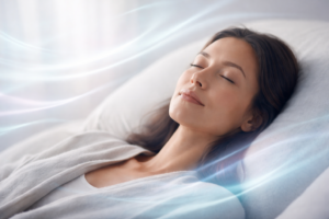 Person resting peacefully surrounded by soft waves of light representing nervous system relaxation and reset