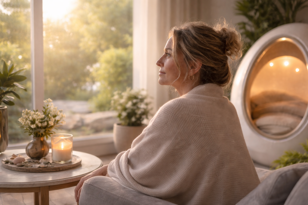 Woman relaxing in a calm wellness space near a window with soft light, representing nervous system support during perimenopause in Garden City, NY